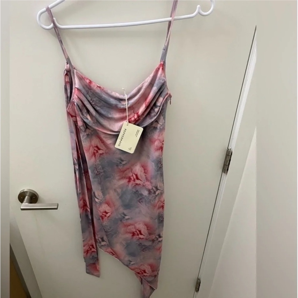 Peppermayo cute asymmetrical floral mesh midi dress with neck tie NWT - Picture 4 of 5